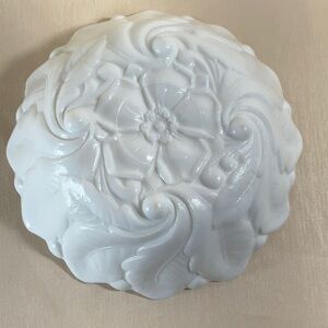 Milk Glass Footed Bowl with Pressed Floral Design 9” Vintage